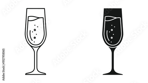 Champagne Flutes Icons: Line Art and Silhouette of Bubbly Drink