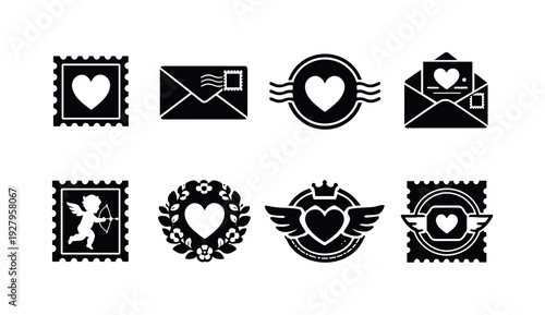 Romantic postage line art set. Filled icon set of Romantic postage line art set: square stamp with heart