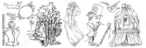 Antique Victorian character sketches. Vintage lady and gentleman portraits. Classic interior and garden doodles. Engraved style fashion elements. Retro historical scenes isolated on white background.