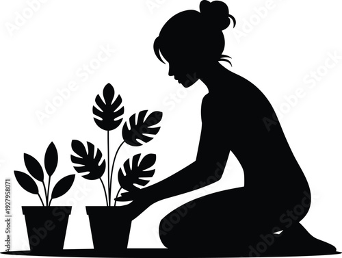 Vector, Illustration, of, Woman, Gardening, and, Caring, for, Potted, Plants, for, Identity, Branding, Professional, Graphic, Design, Projects, Concept, Art, Element, Nature, Hobby, Growth