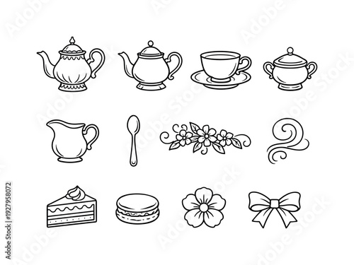 . No text!!! White backgroundvintage teapot line art. Line outline icon set of vintage teapot line art: