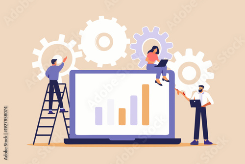 Team collaborating with data analysis on a large computer screen