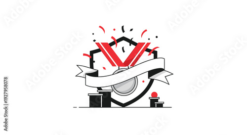 A silver medal with a red ribbon and a blank banner is displayed on a shield-shaped crest, surrounded by celebratory confetti in a vector icon.