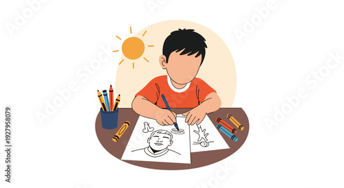 A young, faceless child sits at a table under a bright sun, diligently coloring a picture with pencils and crayons from a nearby cup.