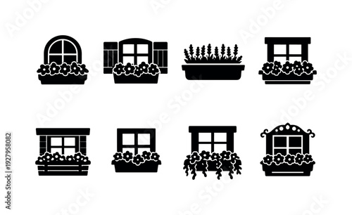 Cottage Window Planters. Cottage window planter outline set. Filled icon set of Cottage window planter outline