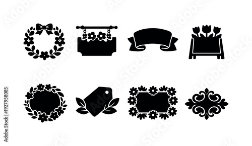 Floral welcome outline icons. Filled icon set of Floral welcome outline icons: welcome sign with wreath,