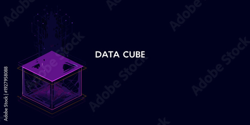 A glowing purple data cube with particles floating upwards