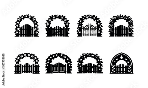 Garden gate floral arch line art. Filled icon set of Garden gate floral arch line art: arched garden gate with