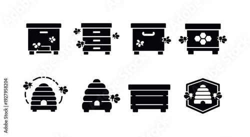 Beekeeping contour drawing icons. Filled icon set of Beekeeping contour drawing icons: hive box with open