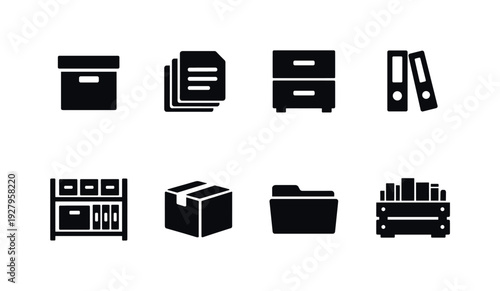 Archive Storage. Filled icon set of Archive Storage: archive box, document stack, filing cabinet, labeled