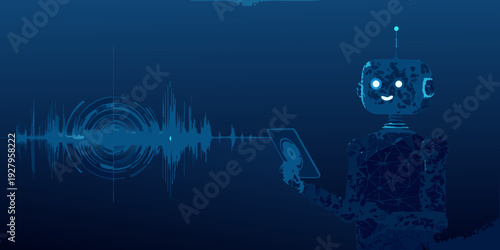 A futuristic robot interacting with a sound wave visualization