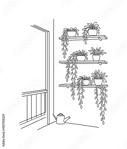"Vertical Balcony Gardening". Minimalistic one-line drawing balcony wall with mounted plant shelves and