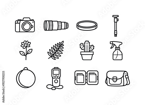 botanical photography equipment. Line outline icon set of botanical photography equipment: professional camera