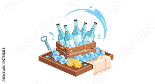 A wooden crate full of ice and cold glass water bottles sits on a tray with fresh lemon slices and a bottle opener in an isometric illustration.