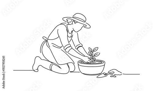 "Garden Potting Scene". Minimalistic one-line drawing gardener kneeling while placing a plant into fresh soil