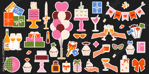 Large birthday party sticker set in modern retro style. Celebration vector illustration with cakes, balloons, cocktails in hands, gifts for event planning, invitation, holiday scrapbooking