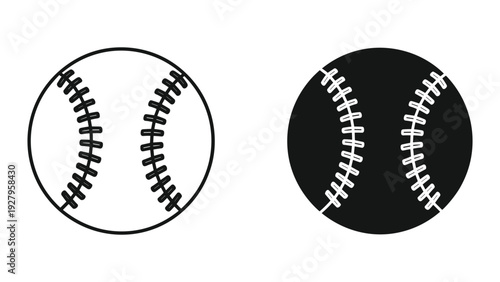 Two Baseball Icons: Black and White Outline and Solid Black Silhouette with White Stitching