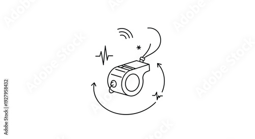 A minimalist line drawing of a whistle on a lanyard is surrounded by icons that represent a heartbeat, wireless signals, and circular motion.