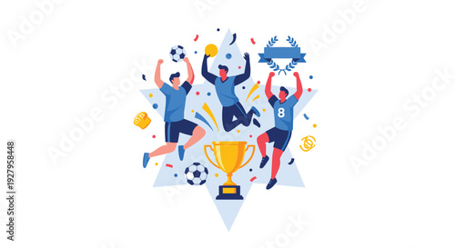 Three joyful male soccer players in blue uniforms jump in celebration around a large golden trophy with confetti falling against a star background.