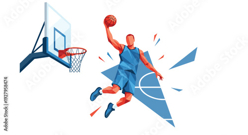 A geometric basketball player in a blue uniform jumps towards a hoop to perform a powerful slam dunk against a stylized court background.