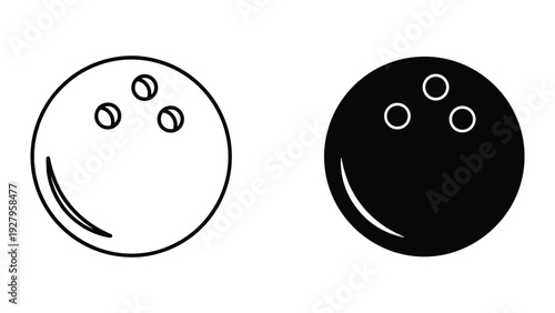 Bowling Ball Icon Set: Outline and Solid Silhouette with Finger Holes