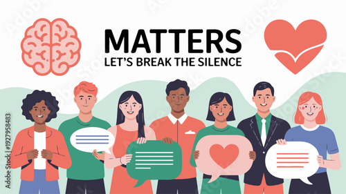 Diverse group of people breaking the silence on mental health matters with speech bubbles and heart symbol