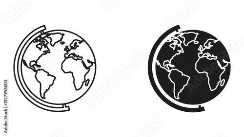 Two Globe Icons: Line Art and Silhouette of Earth on Stand, Vector Illustration