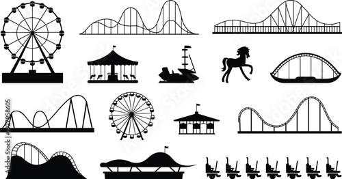 Vector, Illustration, Set, of, Amusement, Park, Silhouettes, for, Theme, Park, Identity, Branding, Entertainment, Professional, Graphic, Design, Projects, 