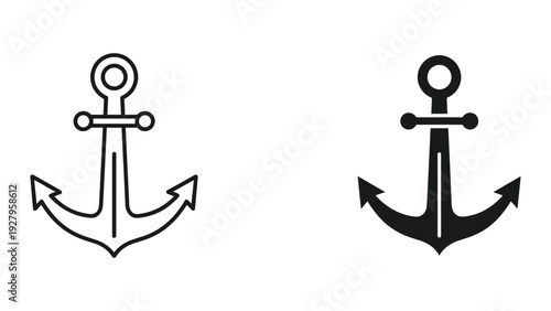 Nautical Anchor Icon Set: Outline and Solid Silhouette on White Background