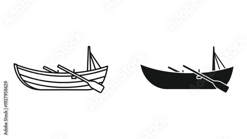 Rowboat with Oars Icons: Line Art and Silhouette of a Simple Wooden Boat