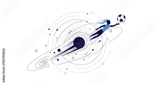 An abstract illustration depicts the silhouette of a female soccer player flying through a cosmic swirl of lines to connect with a soccer ball.