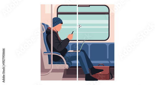 A young man wearing a beanie and earphones uses his smartphone and laptop while commuting on a train, with a soccer ball seen outside the window.