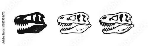 Dinosaur Skull T-Rex Icons Set in Hand-Drawn Sketch, Outline, and Silhouette Styles
