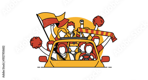 A group of excited cartoon sports fans celebrate a victory from inside their car, waving flags, scarves, and pom-poms in a stylized illustration.