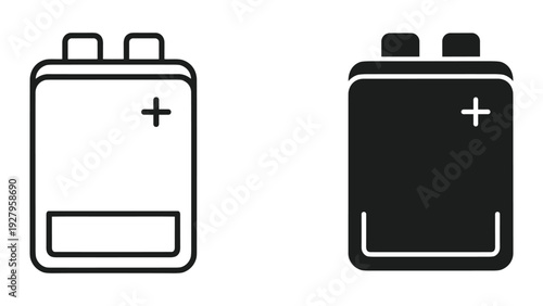 Battery Icon Set: Outline and Solid Black, Power Symbol, Energy Storage