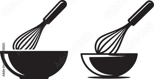 Whisk and Bowl Icons: Simple Black and White Vector Graphics for Cooking and Baking