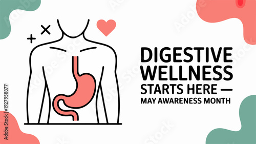 Digestive wellness concept with stomach illustration and heart symbol on human torso for health awareness