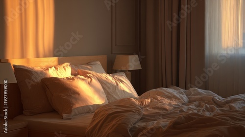 Warm sunlight streams across a made bed with rumpled white duvet and pillows, morning light.