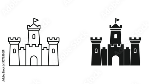 Castle Icon Set: Line Art and Solid Silhouette for Medieval Fortress Concepts