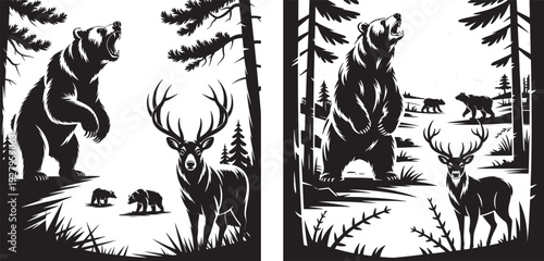 Wild Bears and Deer in Forest, Black and White Silhouette