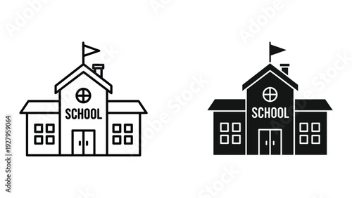 School Building Icon Set: Outline and Solid Style, Symbol of Education and Learning