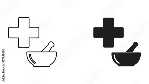 Medical Cross and Mortar and Pestle Icon Set: Line Art and Solid Black Graphics