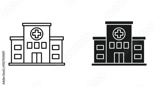 Hospital Building Icon Set: Line Art and Silhouette for Healthcare and Medical Graphics