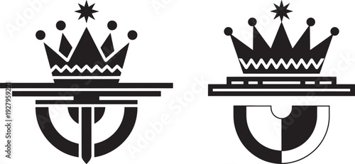 Two stylized black crown emblems with star and dot accents, set against geometric bars and a shield element, suggesting royalty or authority.