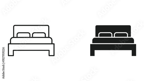 Bed icon set: outline and filled silhouette of a double bed with pillows. Clean vector illustration.