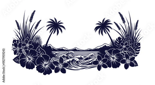 Stunning Tropical Beach Island Silhouette Vector with Palm Trees, Ocean Waves, Hibiscus Flowers