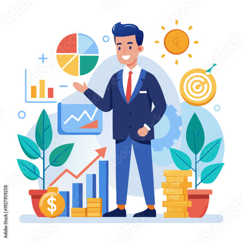 business man with money. Investment and finance growth concept. Businessman analyzing money, profit, income, and financial data for economic success, business development, and long-term 