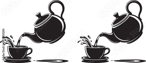 Dynamic black and white illustration of a teapot pouring tea into a cup, with splashing liquid, conveying a cozy and refreshing moment.