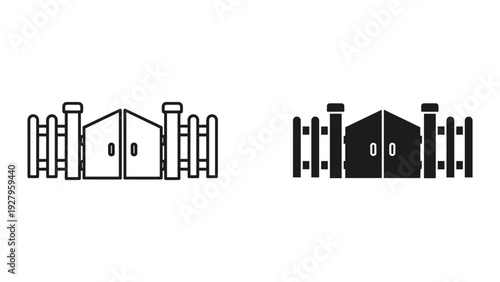 Double Gate and Fence Icons - Outline and Solid Black Vector Illustrations
