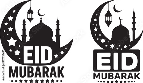 Eid Mubarak message with mosque silhouette inside a crescent moon, vector illustration